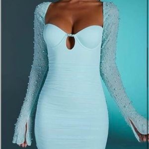 oh polly GUIANA LONG SLEEVE MINI DRESS IN AQUA